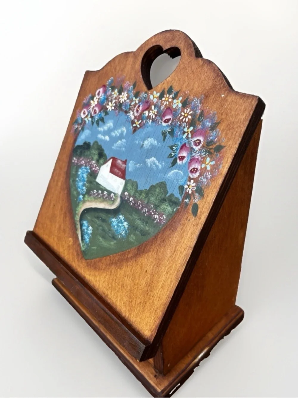 Vintage Hand Painted Wooden Recipe Box Heart Cottagecore Floral Folk Art